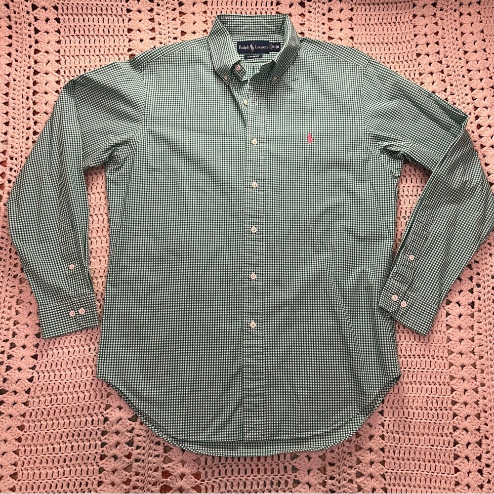 Ralph Lauren Green Gingham 100% Cotton Classic Fit Button Down Shirt Sz Medium
